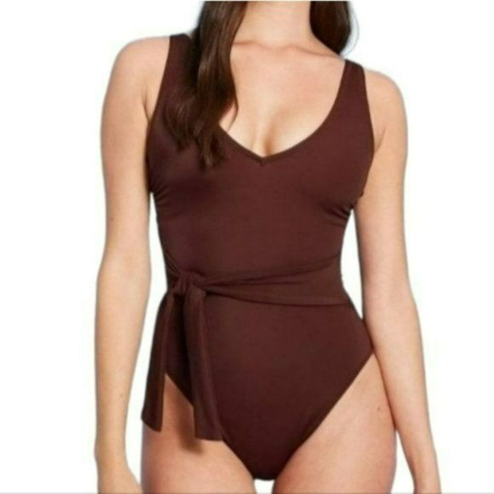 Shade And Shore Plunge Tie-Front Wrap One Piece Brown Swimsuit Size S‎ New
